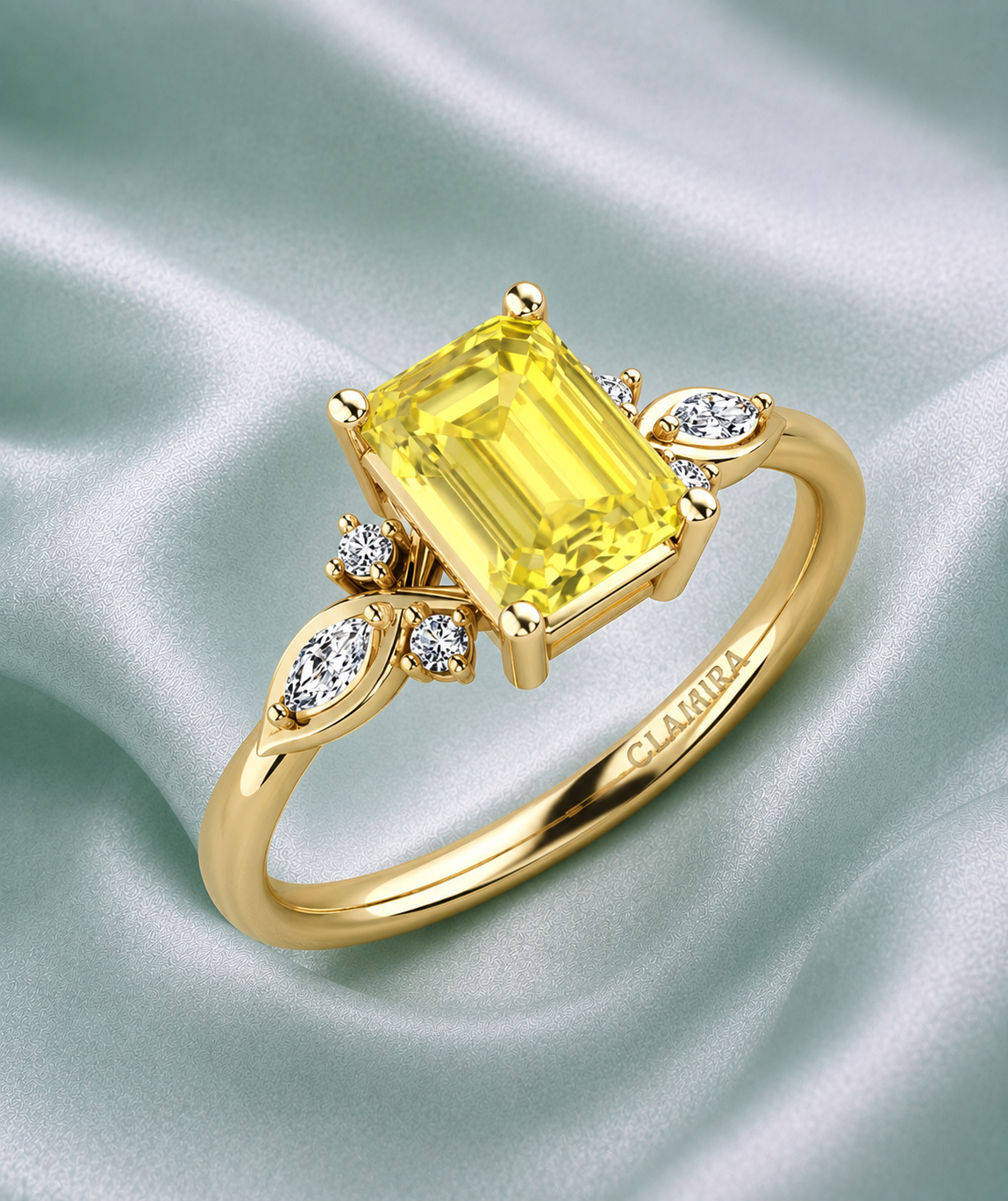 Radiant Yellow Gemstone Ring on Mint Satin
